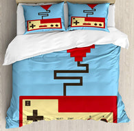 Gamer Duvet Cover Set Pixel Art Style Heart Connected to a Controller with Simplistic Design, Decorative 3 Piece Bedding Set